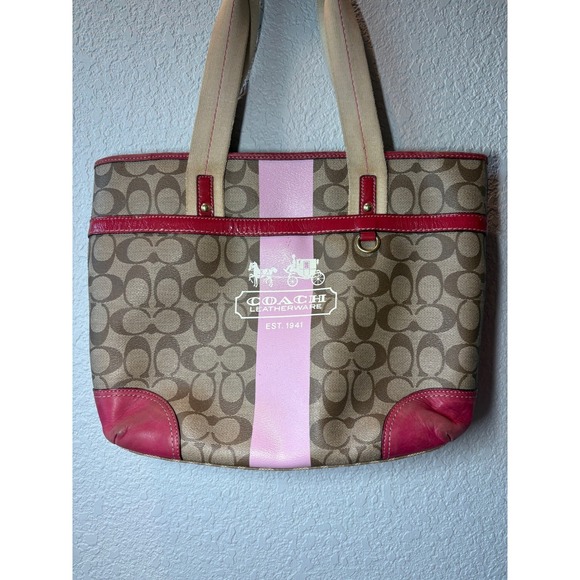 Y2K Coach Pink / Tan / Multicolor Tote Shoulder Bag Monogram Tattersall Design - Picture 1 of 7